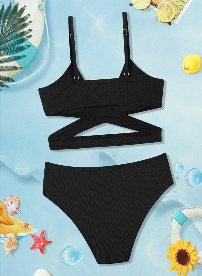 Aulyffo Girls Bathing Suit Size 10-12 Girl Swimsuit Two Piece Criss Cross Bikini V-Neck Adjustable Shoulder Straps Girls Swimwear Black - Image 5